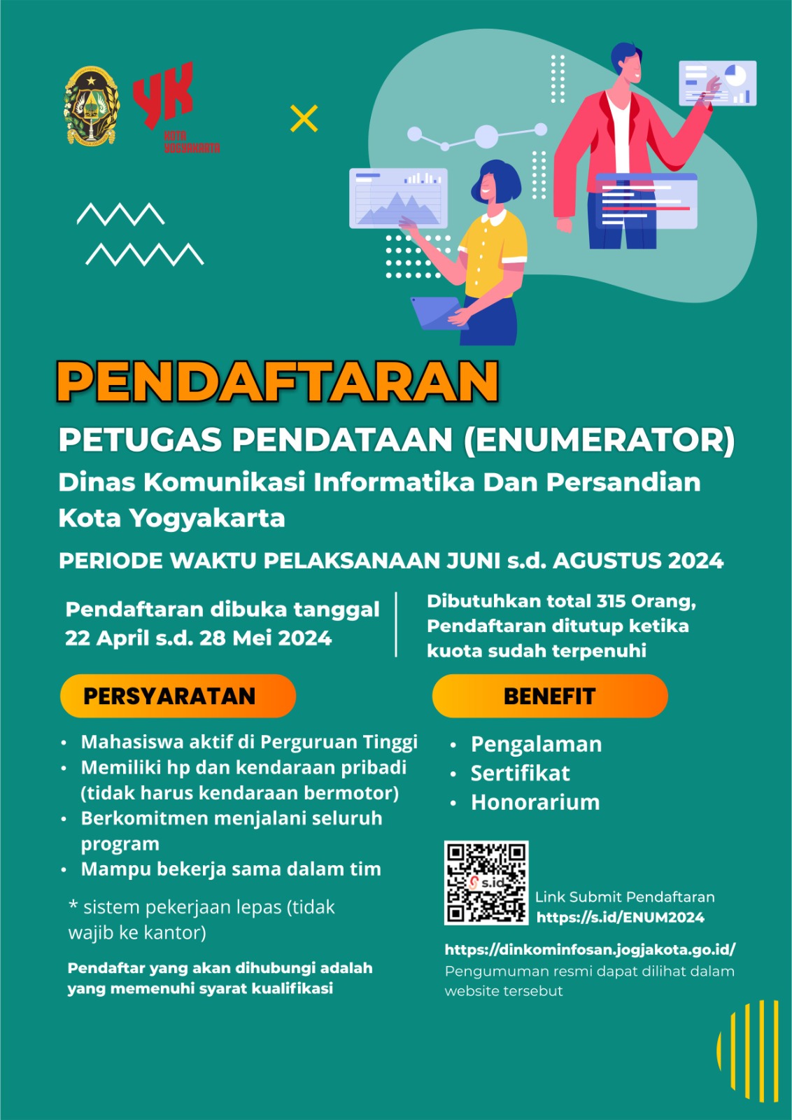 Pengumuman Pendaftaran  Petugas Pendataan (Enumerator) Dinas Komunikasi Informatika dan Persandian Kota Yogyakarta TA. 2024